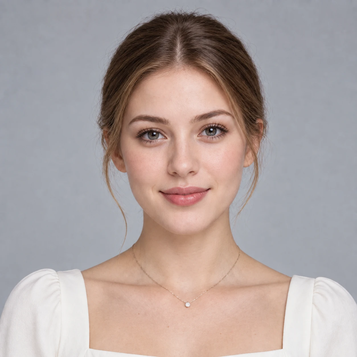 Real-time makeup portrait of a young woman in a white dress and necklace