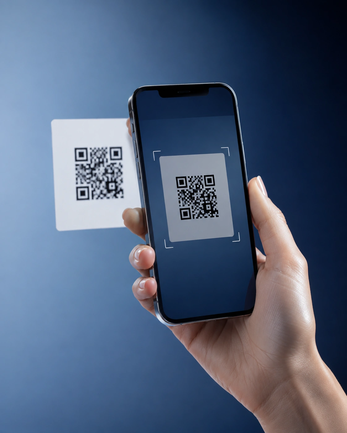 Illustration of a slender hand holding a mobile phone to scan a QR code.